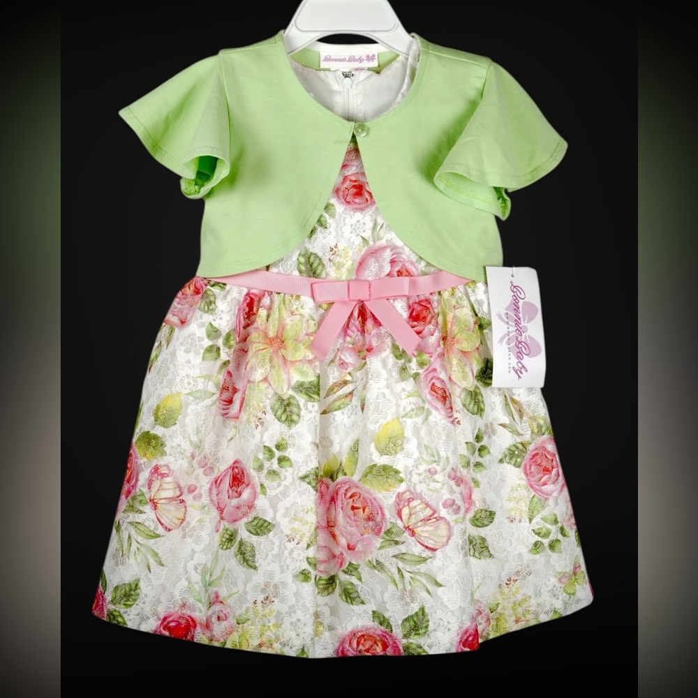 Bonnie Baby 3-Piece Floral Dress Set w/ Green Cardigan & Diaper Cover –Size 24M - Picture 3 of 17
